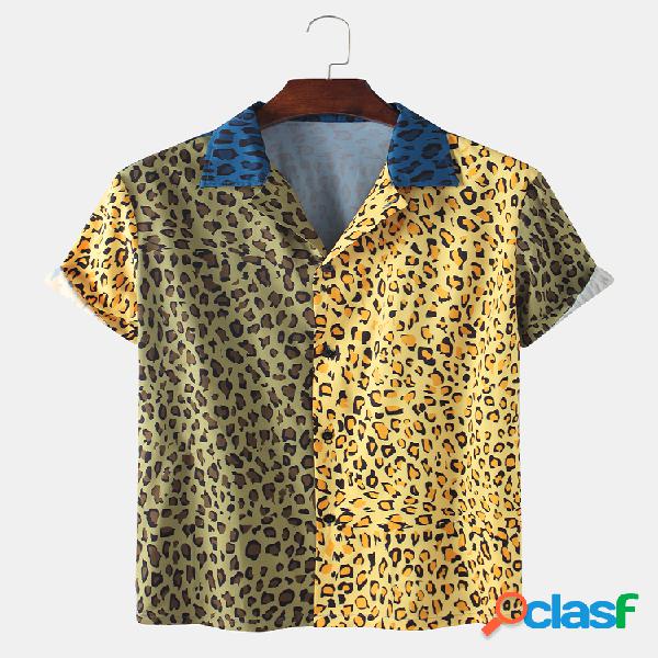 Homens Fun Bicolor Leopard Patchwork Férias Casual Camisa