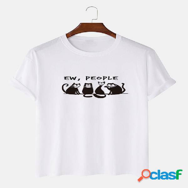Homens Fun Cartoon Cat Impresso Casual T-shirt
