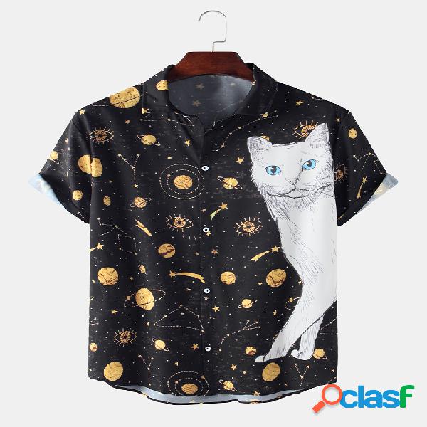 Homens Fun Star & Cat Print Casual Camisa