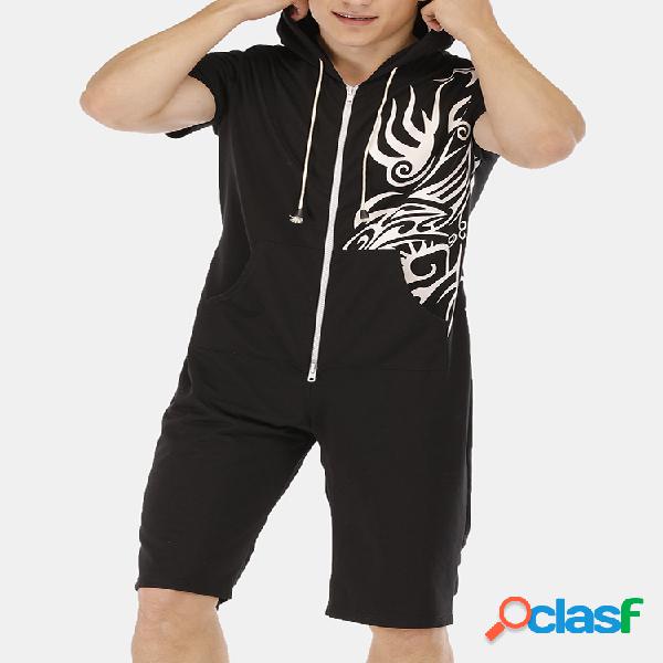 Homens Onesies de impressão preto de manga curta com capuz