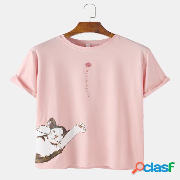 Homens algodão anime gato impresso t-shirt casual