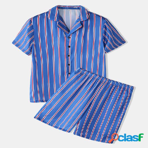 Homens de luxo Faux Silk Pijamas Stripe Print Loungewear