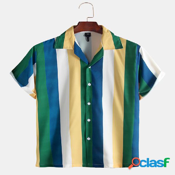 Homens verde limão listrado manga curta casual Camisa