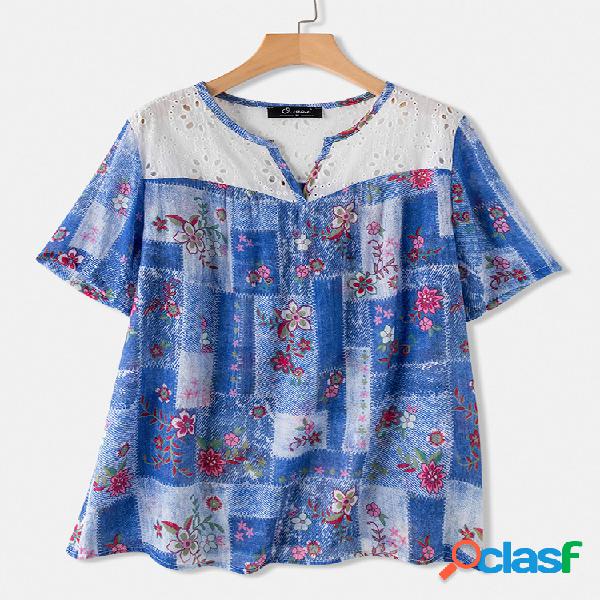 Imprimir Patchwork Hollow V-neck Plus Blusa Tamanho