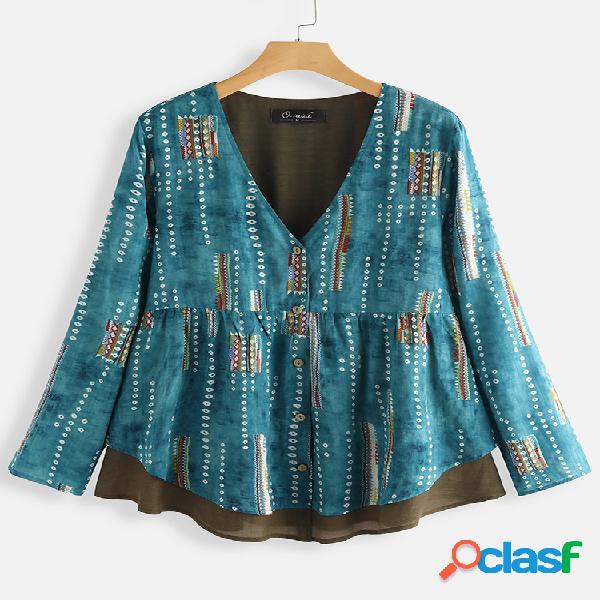 Imprimir Patchwork manga comprida com decote em v Plus Blusa