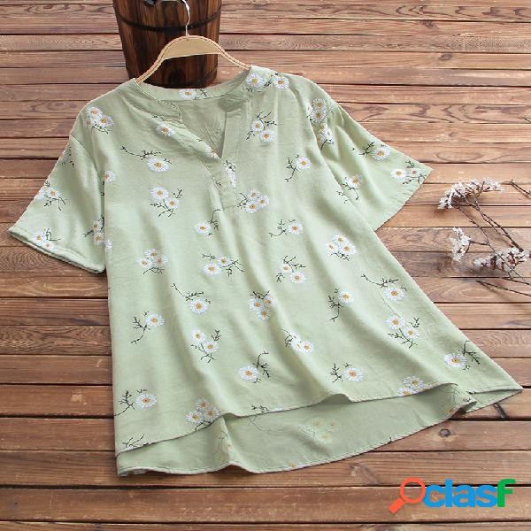 Irregular Floral Imprimir manga curta V-neck Blusa Para