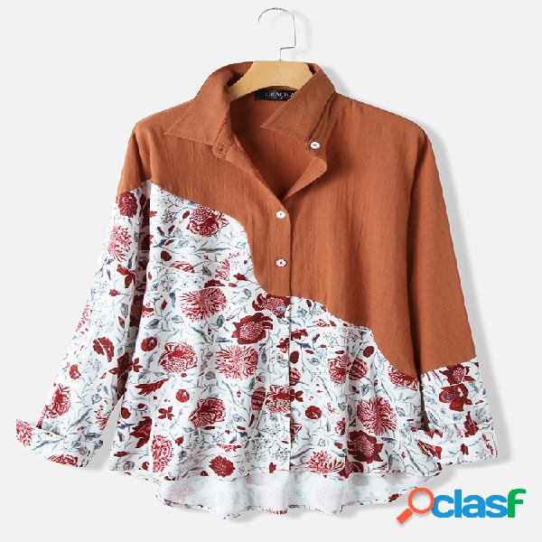 Lapela Floral Print Patchwork manga comprida Camisa Para