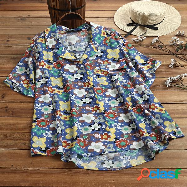 Lapela de impressão de flores Plus Tamanho Bonito Camisa