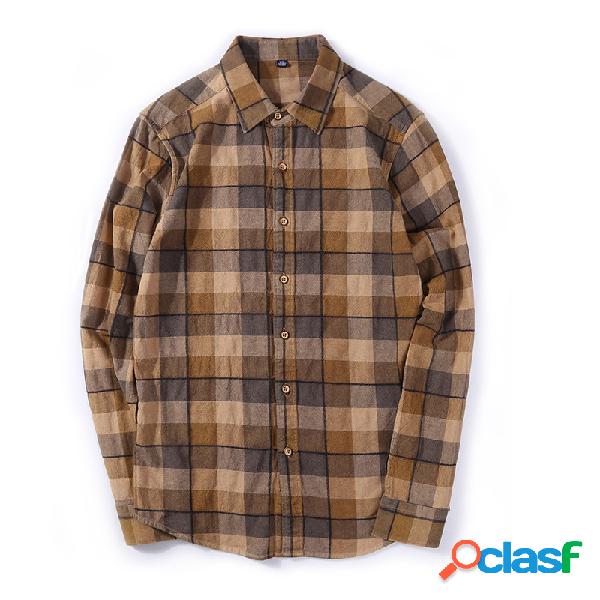 Lapela dos homens Manga Longa Camisa Algodão Retro Casual