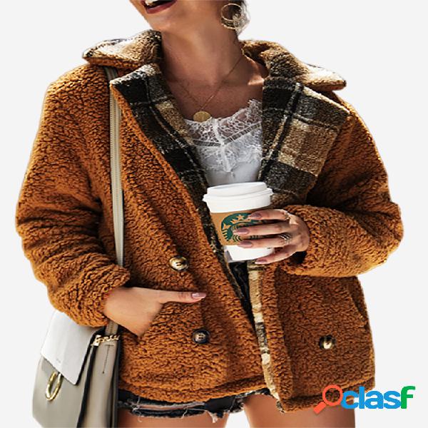 Lapela xadrez espessar velo bolso jaqueta de inverno casaco