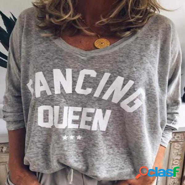 Letras com decote em V casual imprime Plus tamanho camiseta