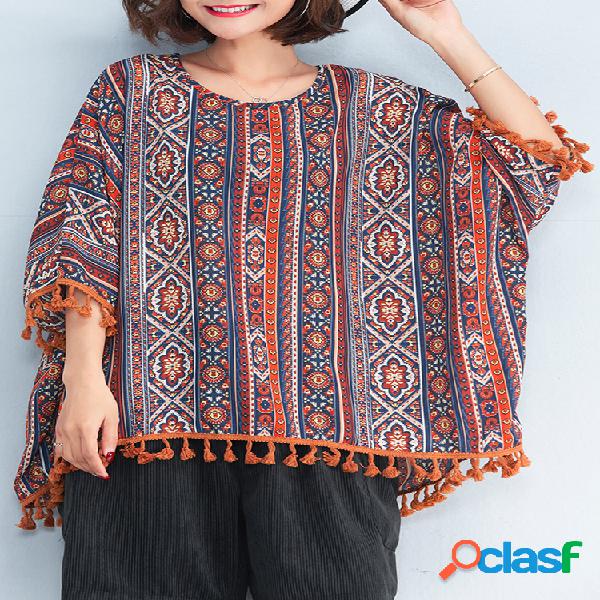 Loose Women Printed Tassels Batwing Sleeve Blouse