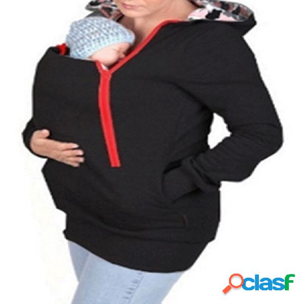Manga longa Mãe Mulheres Hoodies Carry Bebê Moletom Com
