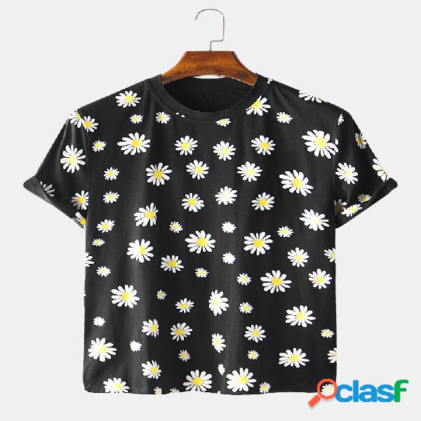 Men Cotton Little Daisy Print Casa de férias Casual T-shirt