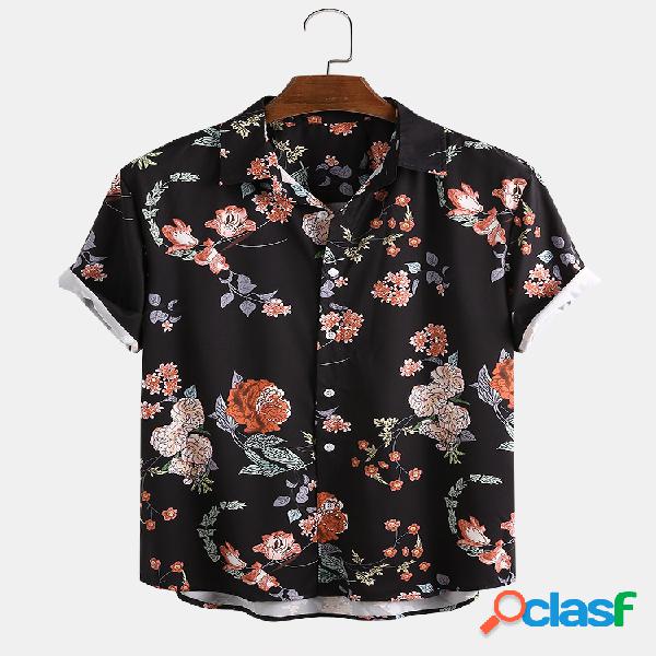 Men Floral Printed Holiday Collar Turn-down Camisa