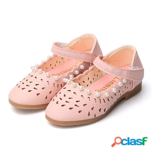 Meninas Pearl Decor Oco Respirável Gancho Loop Mary Jane
