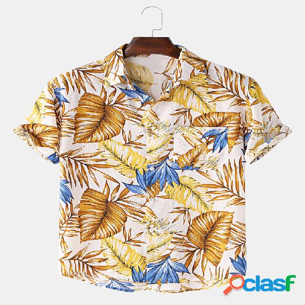 Mens 100% Algodão Colorful Óleo Imprimir Folha Camisas de