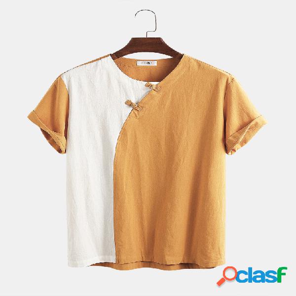 Mens 100% algodão estilo chinês contraste cor casual