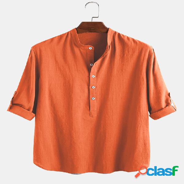 Mens 100% algodão étnico feriado solto gola Henley Camisa