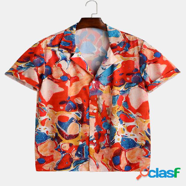 Mens Abstract Graffiti Hit Color Printed Turn Down Collar