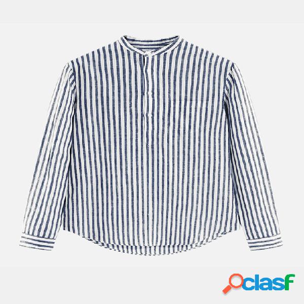 Mens Baggy Striped Vintage manga comprida Stand Collar Loose
