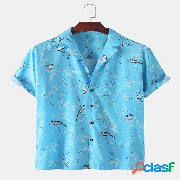 Mens Birds Impresso respirável Botões lapela colar camisas