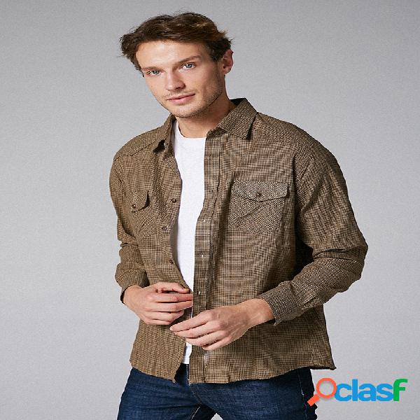 Mens British Style Plaid Double Chest Pockets Camisas de