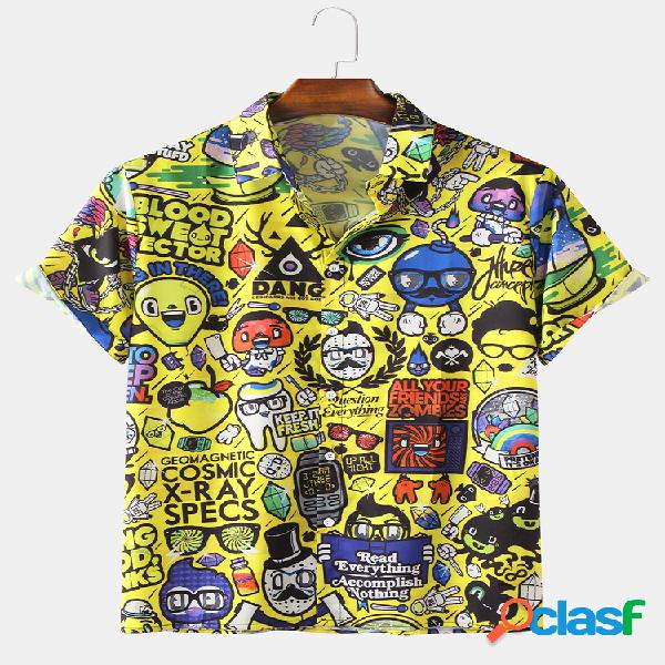 Mens Cartoon Graffiti Printed Turn Down Collar Casual