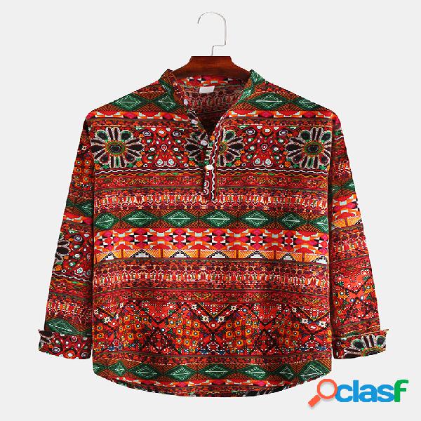 Mens Casual Ethnic Printed Loose manga comprida Stand Collar