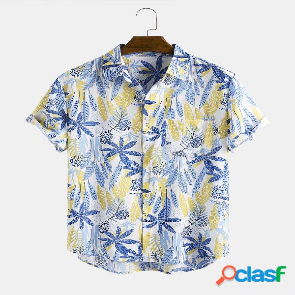 Mens Casual Folha Planta Camisas de manga curta com gola de