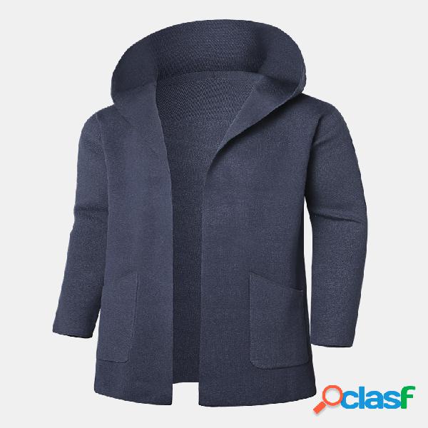Mens Casual Open Up manga comprida com capuz Slim Mid-length