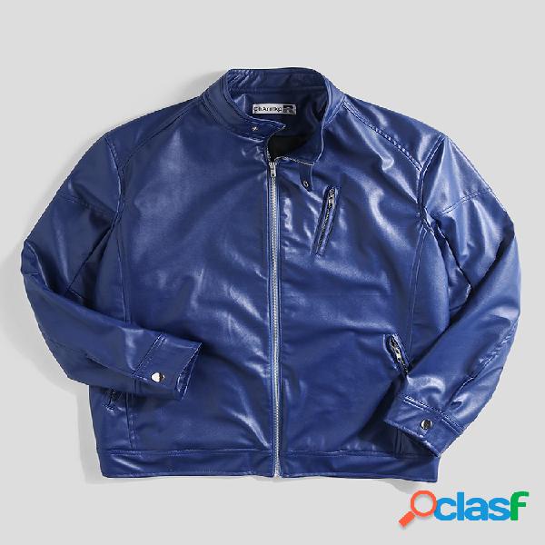 Mens Casual Stand Collar Casacos de couro Manga comprida