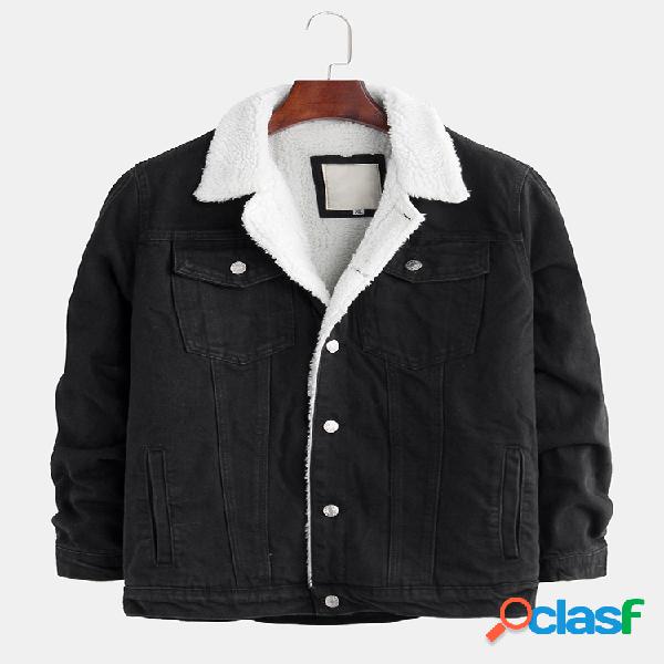 Mens Classic Denim Cashmere Peito Bolso Grosso Turn-down