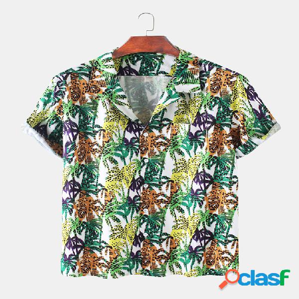 Mens Cocount Trees Leopard Print Camisas de grife de manga