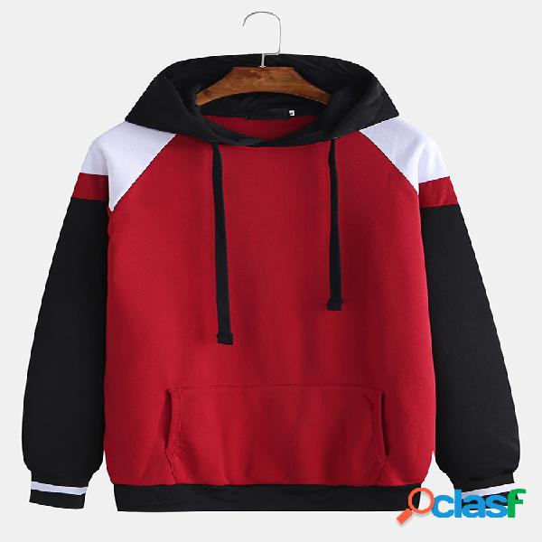 Mens Contraste Cor Patchwork Muff Pockets Drawstring Hoodies