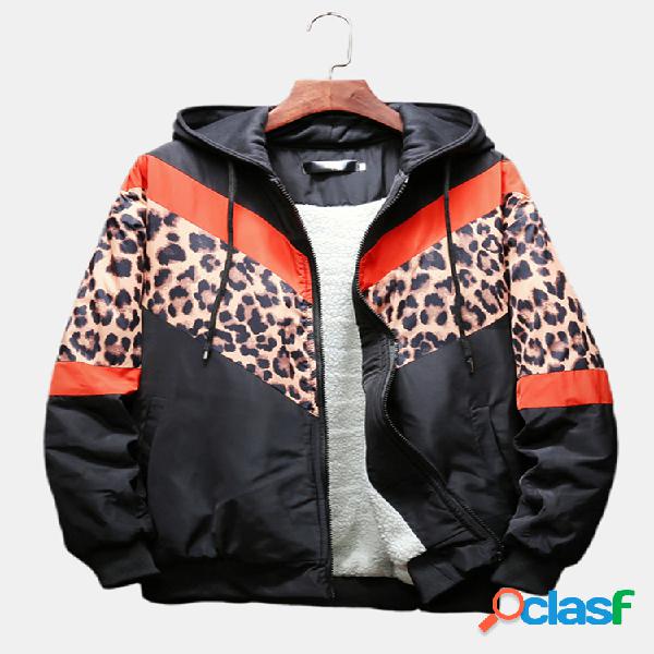 Mens Cool Patchwork Leopard Print Zipper Casacos com capuz