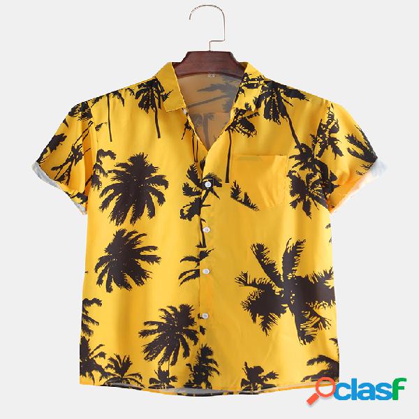 Mens Cool Tropical Impresso Chest Pocket Turn Down Collar