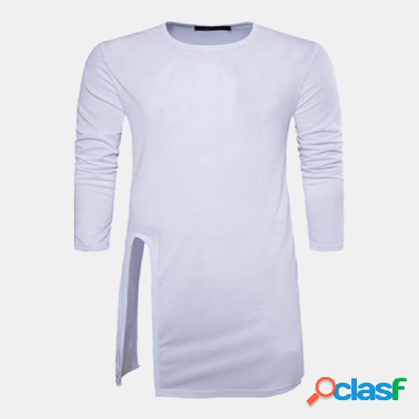 Mens Cotton Solid Slim Fit Mid-long Casual T-shirt