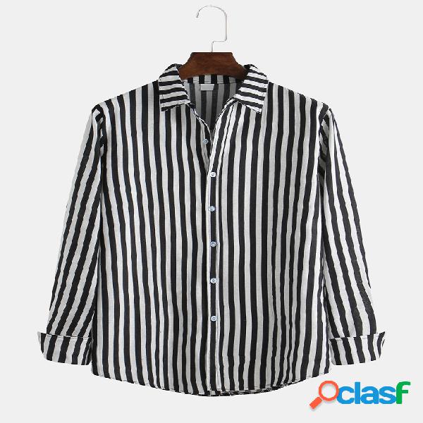 Mens Cotton Stripes manga comprida Turn-down Slim Business