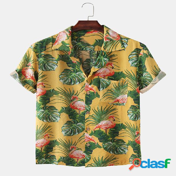 Mens Flamingo bolso impresso peito camisas de manga curta