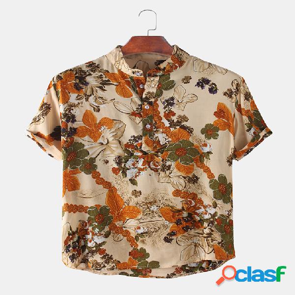 Mens Floral Impresso Stand Collar Casual manga curta Henley
