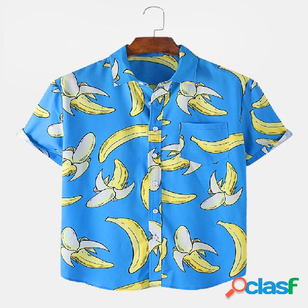 Mens Fun Banana Print Hawaii Praia Holiday Casual Camisa