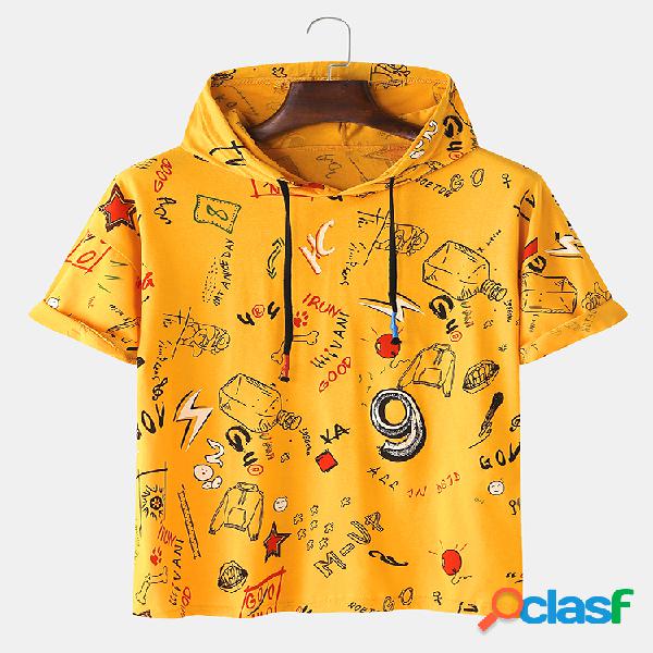 Mens Fun Padrão T-shirt de manga curta com capuz solto