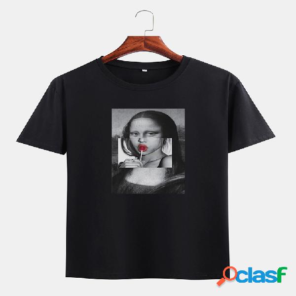 Mens Funny Kuso Mona Lisa Óleo Print O-neck Camisetas