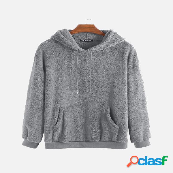 Mens Furry Solid Color Insert Pocket Warm Soft Hoodies