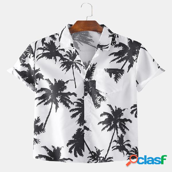 Mens Holiday Coco Árvore Impresso Plain Praia Manga Curta