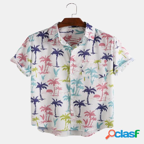 Mens Holiday Hawaiian Coco Impresso Lapel Collar manga curta