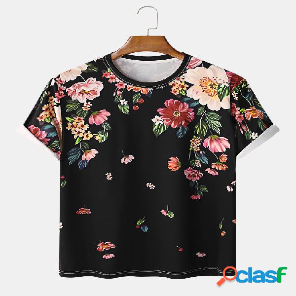 Mens Holiday Style Floral Impresso Loose O-pescoço T-shirt