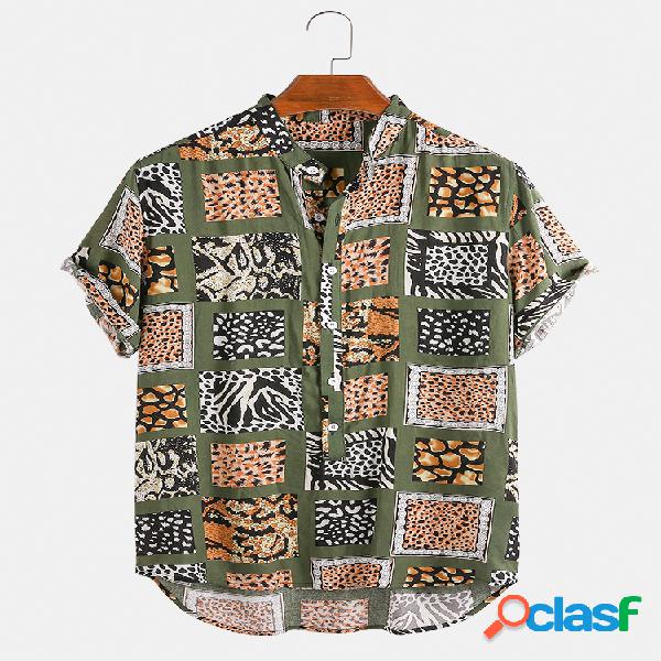 Mens Leopard Plaid Print Camisas de grife de manga curta
