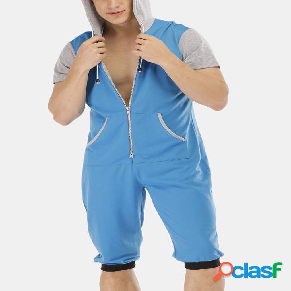 Mens Macacões de retalhos azuis claros Pijama com capuz de